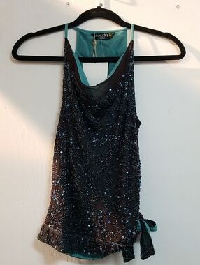 Chaudry Teal and Black Beaded Halter Top